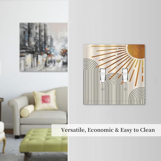 Decorative Light Switch Cover Mid Century Boho Sun Beige Minimalist Abstract 2 Gang Wall Plate Double Toggle Switch Plate Receptacle Electrical Outlet Cover Switchplate for Bathroom Bedroom（2 Pack）