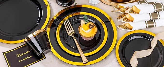 YOUBET 350PCS Black and Gold Plastic Plates - Gold Disposable Dinnerware Sets for 50 Guests - 100 Plastic Plates, 150 Gold Silverware, 50 Cups, 50 Pre Rolled Napkins for Party & Wedding