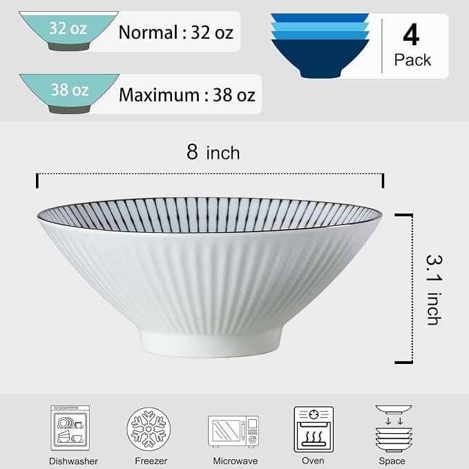38 oz Japanese Ramen Bowls Set of 4, Large Pho Bowls, 8 Inch Ceramic Blue and - Image 2