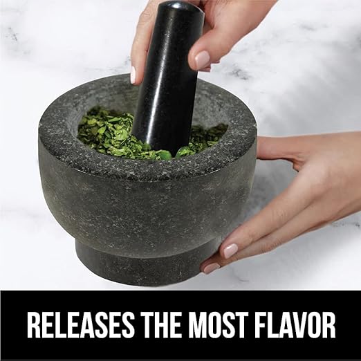 GORILLA GRIP Heavy Duty XL Mortar and Pestle Set with Slip Resistant Base, 4 Cup, 100% Granite Stone Molcajete Guacamole Bowl, Grind Seeds, Spices, Crush Garlic, Kitchen Muddler for Fresh Herbs, Black