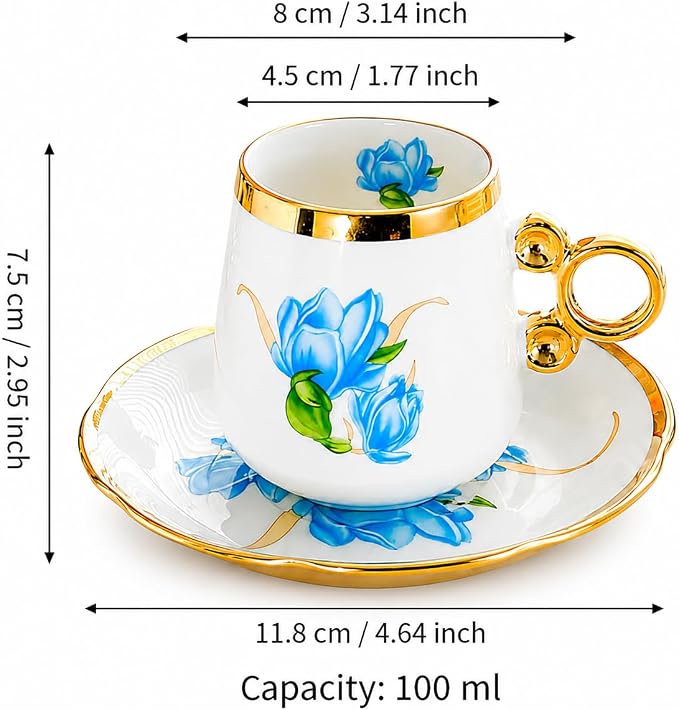Porcelain Tea Cups and Saucers Set of 12, 100ml Espresso Turkish Coffee Cups - Image 2