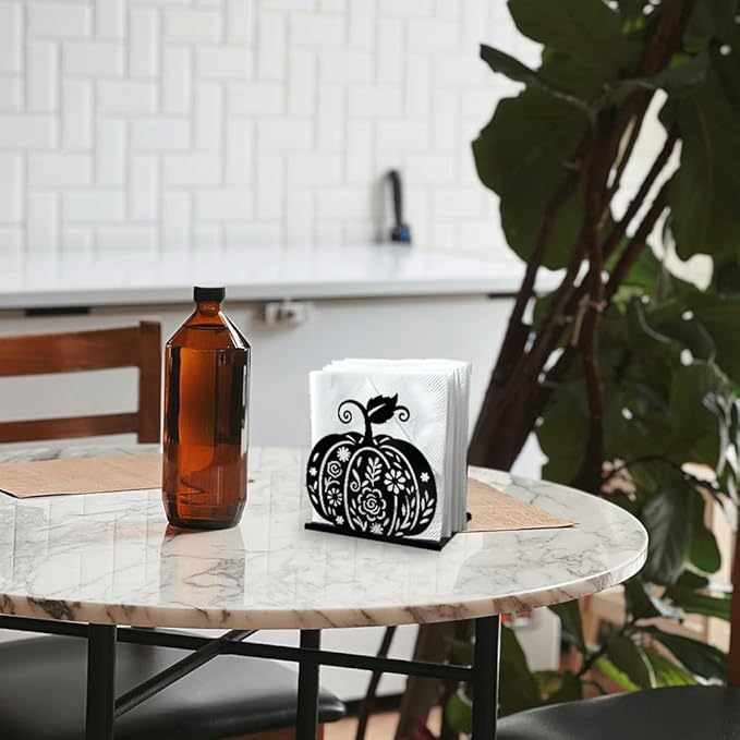 Pumpkin Flower Decorative Black Metal Napkin Holder for Table, 5.3" x 4.9" x 1.9" Fall Thanksgiving Standing Napkin Holder for Home Kitchen Restaurant Picnic Party Coffee Bar Dining Room