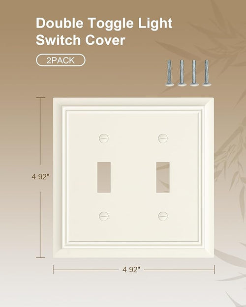 2-Pack Double Toggle Light Switch Cover Plate, Durable Natural Bamboo Fiber Decorative Switch Plate Covers, Light Almond 2 Gang Wall Plate, Corrosion Resistant