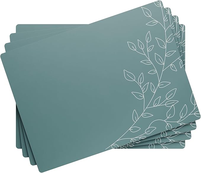 Royalty Art Teal Gray Boho Placemats, 4 Pc. Set, Non-Slip Cork Backed, Wipeable Heat Resistant Surface for Kitchen and Dining Table Protection, Cute Floral Pattern for Farmhouse or Rustic Decor