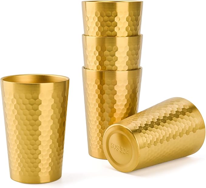 5 Pack 12 oz Stainless Steel Insulated Cup, Honeycomb Double Wall Vacuum Small Metal Cup, Reusable Camping Cups Unbreakable Indoor Outdoor for Party, Home, Office, BBQ, Gold
