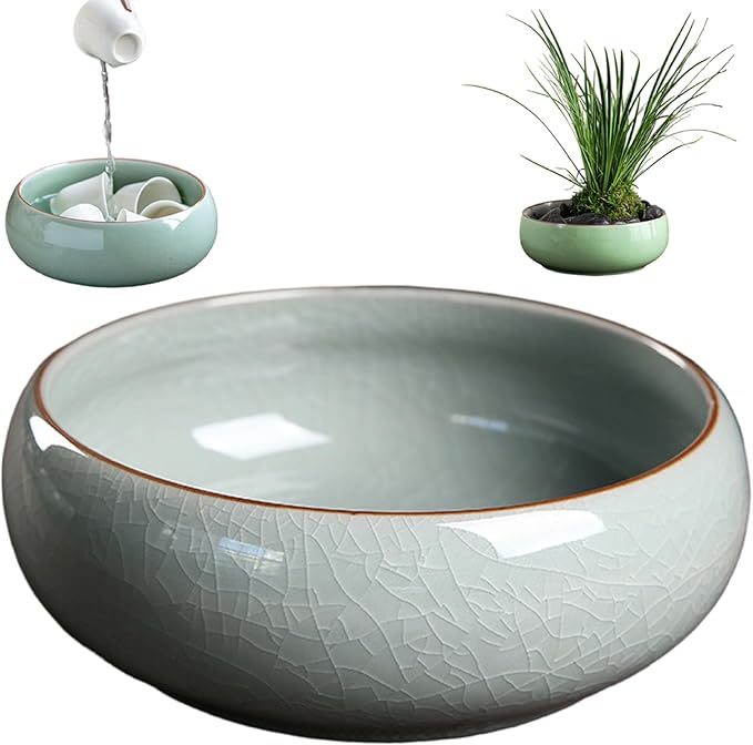 Decorative Bowls 6 inch Ceramic Lotus Bowl Planter with Flat Base Glazed Shallow Planter for Home Office Tabletop Decor