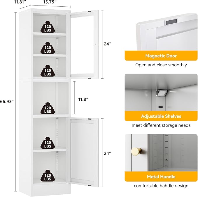 Metal Storage Cabinet with Glass Door, Tall Slim Pantry Organizer with 3 Adjustable Shelves (120LBS/Shelf), Anti-Tipping Waterproof Cabinet for Kitchen/Home Office/Small Spaces,(1PC,White)