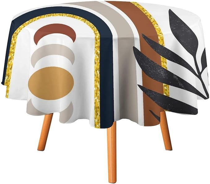 Mid Century Boho Round Tablecloth, Modern Abstract Sun Moon Bohemian Leaves Tablecloth for Home Party Dining Room Kitchen Decor 60Inch(152cm)