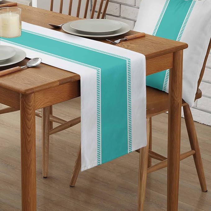 Teal Stripes Table Runners 120 inches Long, Farmhouse Burlap Table Runner - Image 2