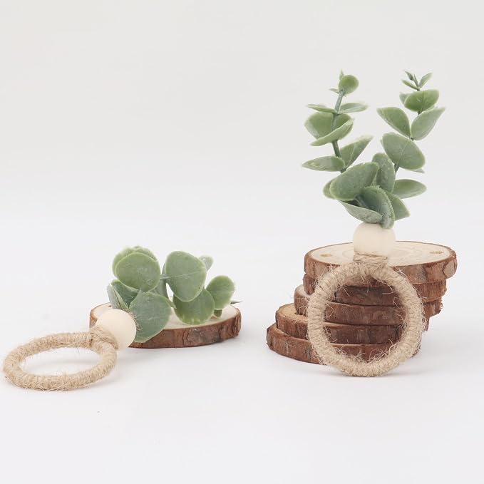 24 Pcs Napkin Rings with Artificial Eucalyptus Leaf Wood Bead Jute Rope - Image 6