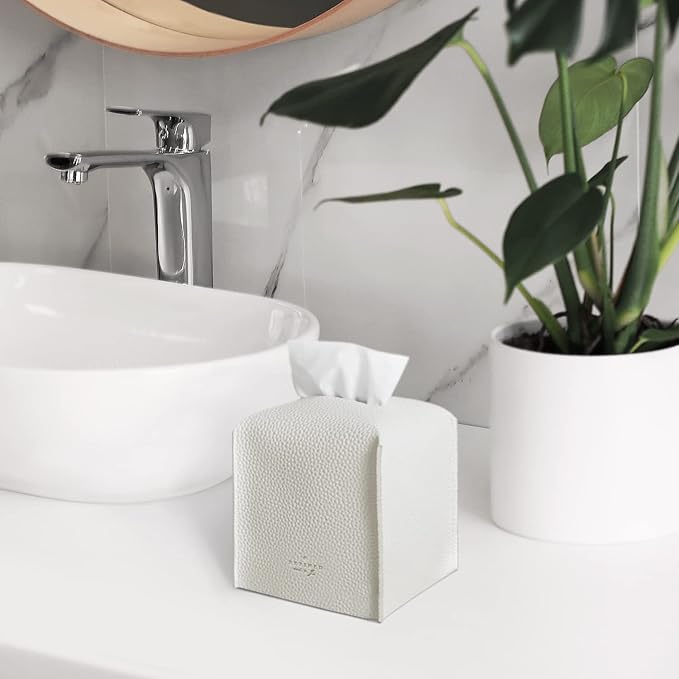 Carrotez Tissue Box Cover, Refined Modern PU Leather Square Holder - Decorative Holder/Organizer for Bathroom Vanity Countertop, Night Stands, Office Desk & Car 5"X5"X5" White