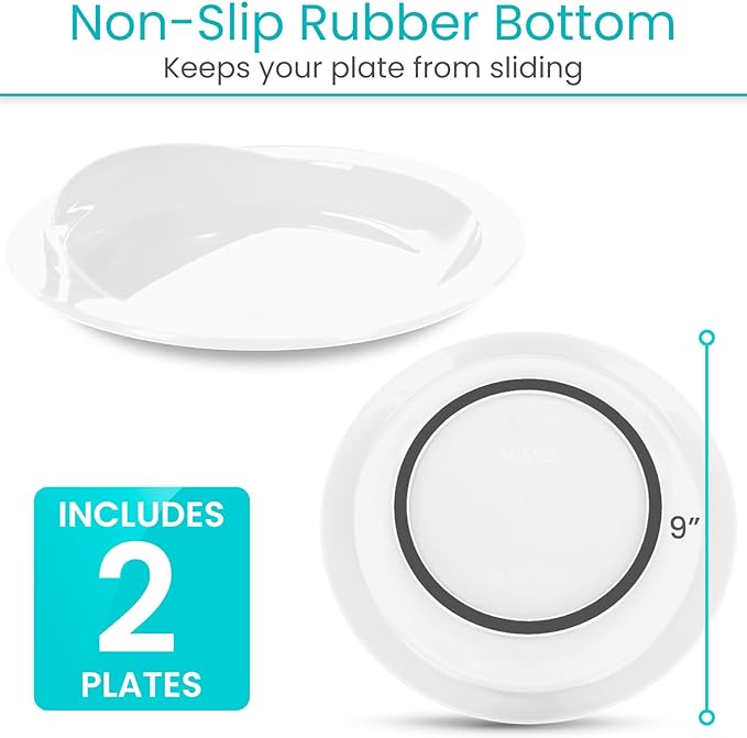 Vive Spill-Proof Scoop Plate, 9" (2 Pack) - Dish with Wall for Disabled, Handicapped, Elderly Adults with Special Needs from Parkinsons, Dementia, Stroke, Tremors with - Non Skid Padded Bottom