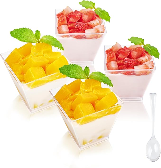JOLLY CHEF 100 Pack 2oz Square Mini Dessert Cups with Spoons, Clear Plastic Parfait Appetizer Cup, Small Plastic Dessert Serving Bowl for Tasting Party
