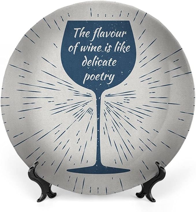 Ceramic Display Plate, Wine Ceramic Hanging Decorative Plate, Wine Glass and Vintage Sun Burst Frame, 6 Inch, Living Room Kitchen Decoration Household, Night Blue White