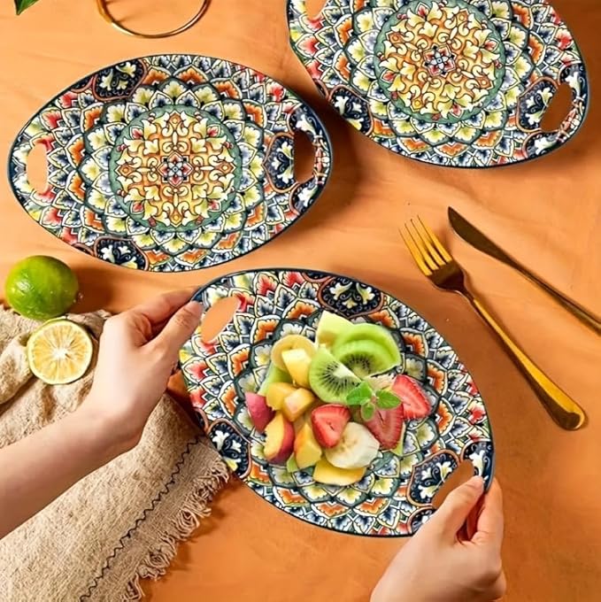 Ceramic Large Soup Bowl with Double Handle 9 inch Set of 4-20 oz, Embossed Bowl Set for Salad, Oatmeal, Dessert, Pasta, Stew, Dishwasher & Microwave Safe - Colorful
