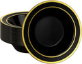 BESTSTAR 50 Pack Black Disposable Bowls with Gold Rim, 12oz Black Plastic Soup Bowls for Party, Wedding, Holiday,And Halloween