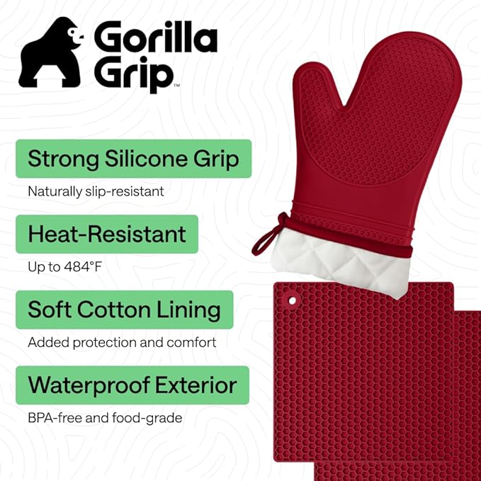 GORILLA GRIP BPA-Free Soft Silicone Oven Mitts and Pot Holders Sets of 4, Heat Resistant Waterproof Cooking Gloves, Thick Cotton Lining, Flexible Gripping for Baking Grilling, Kitchen Trivets, Red