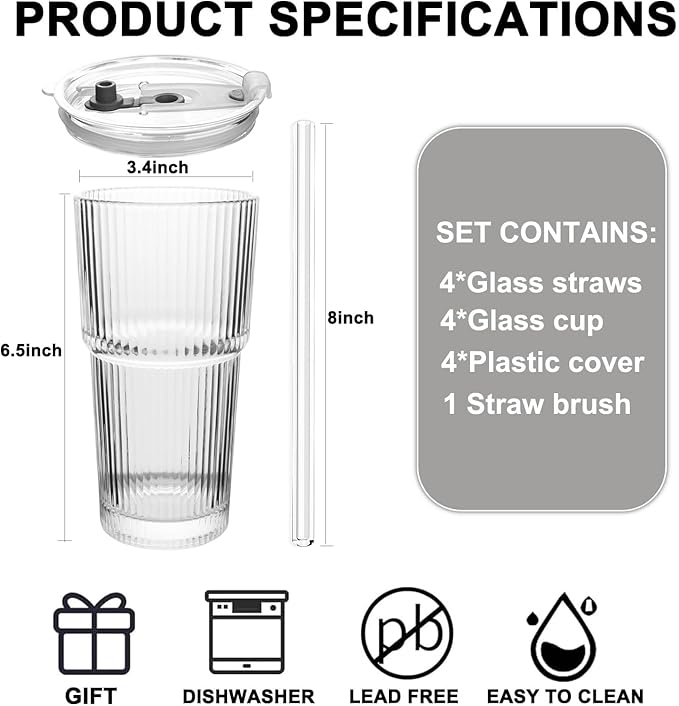 Ribbed Drinking Glasses,with Lids and Straws Glass Cup,19oz Glass cup,4 Pack Old Fashioned Glasses,Thickened for iced coffees,cocktails and juices, perfect for families and parties (4)