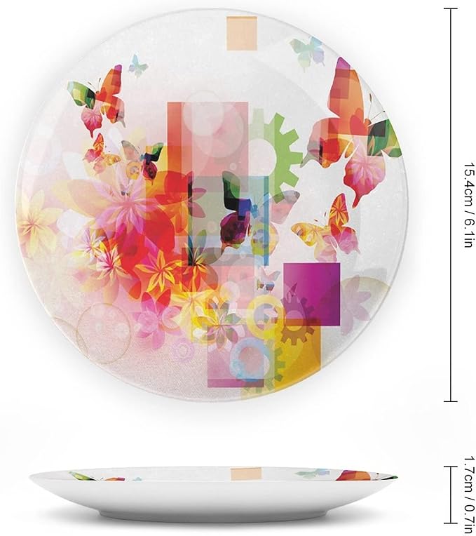 Decorative Plates, Abstract Print Ornament, Natural Design Flowers Leaves Squares Rounds, 10 Inch, 1 Plate with 1 Display Stand, Multicolor