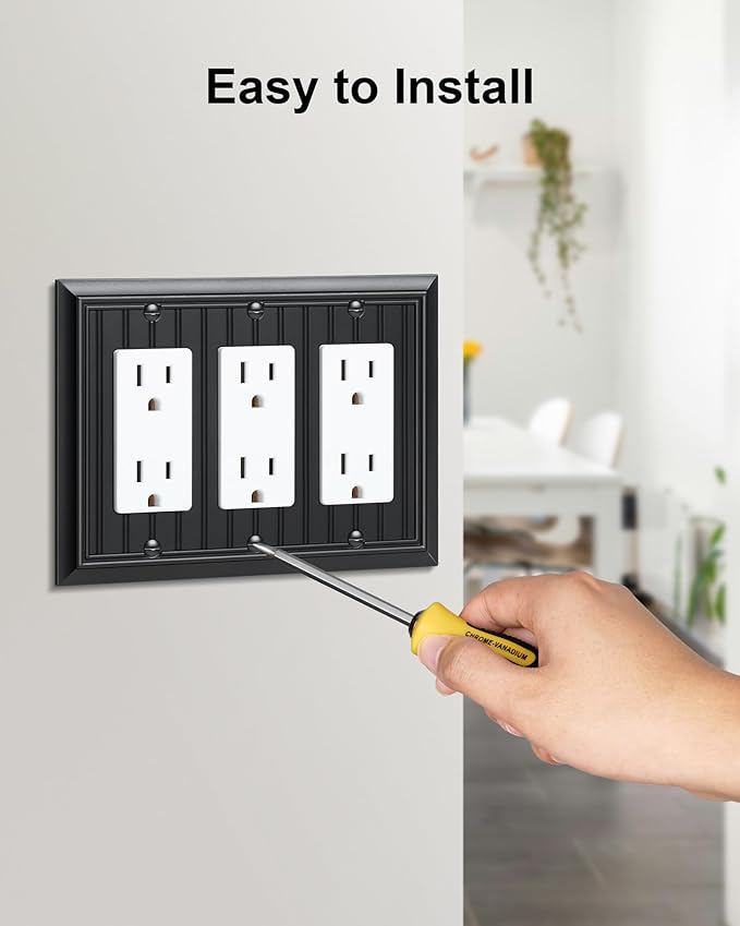 2-Pack Classic Beadboard Decorative Tripple Decorator Outlet Cover Plate, Durable Natural Bamboo Fiber Matte Black Wall Plates for Electrical Outlets, Receptacle, GFCI Outlet, Dimmer Switch, 3-Gang