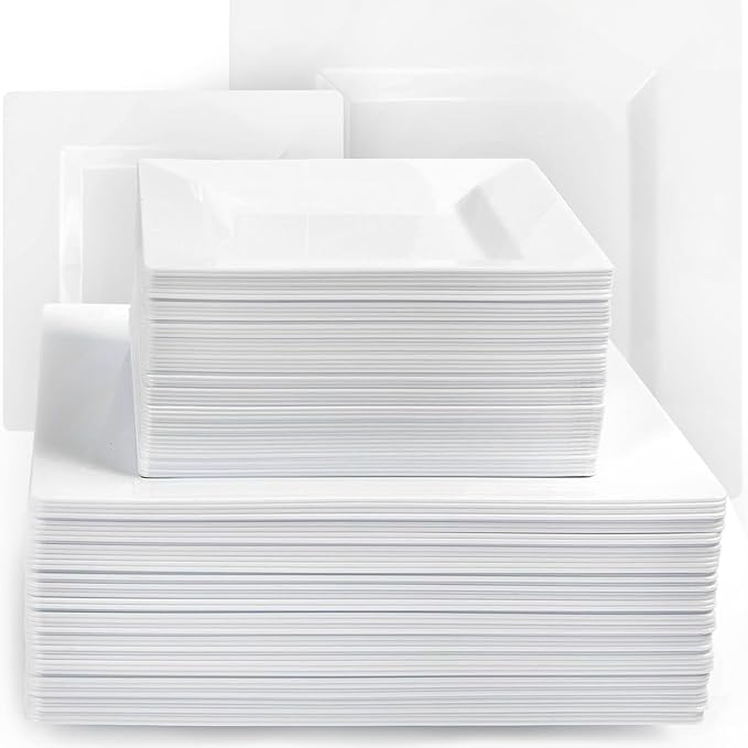 Aya's 100ct Square Plastic Disposable Plates, White - 9.5-Inch 50 Dinner and 6.5-Inch 50 Salad Plates for Party - Heavy-Duty Hard Plastic Design for Wedding, Event, Christmas, and Thanksgiving