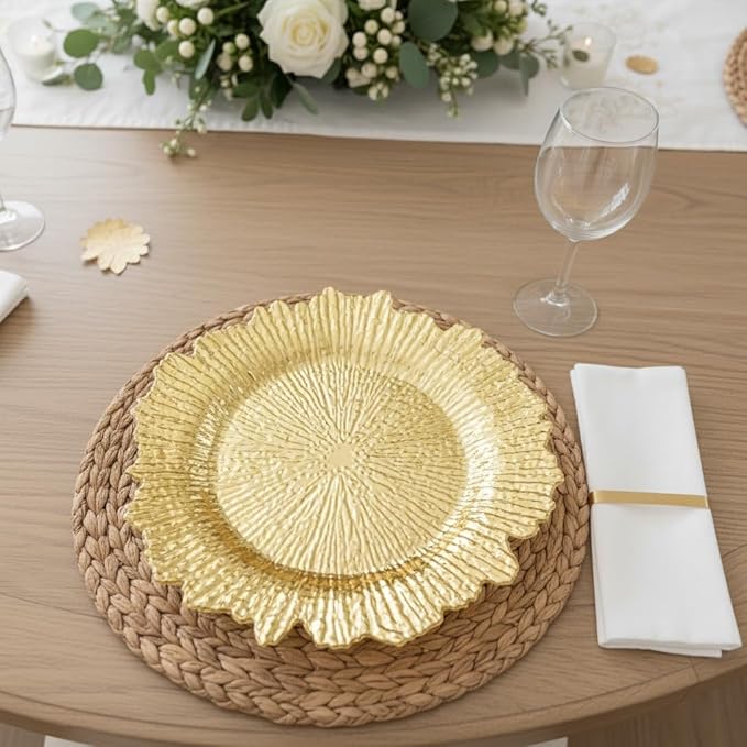 LOYALHEARTDY 24 Pack 13 Inch Gold Charger Plates, Plastic Reef Textured Rim Round Decorative Underplates for Wedding, Party, Dinner Table