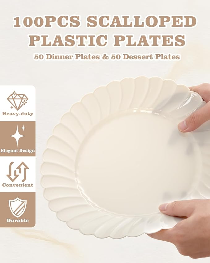 YOUBET 100PCS Ivory Scalloped Plastic Plates - Image 3