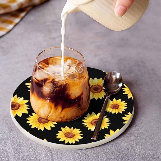 Sunflowers Cup Coasters Set of 2 Chamomile Cornflowers On Black Beautiful Watercolor Floral Wooden Table Apartment Decor 100% Diatomite for Drinking Glasses,4 Inches