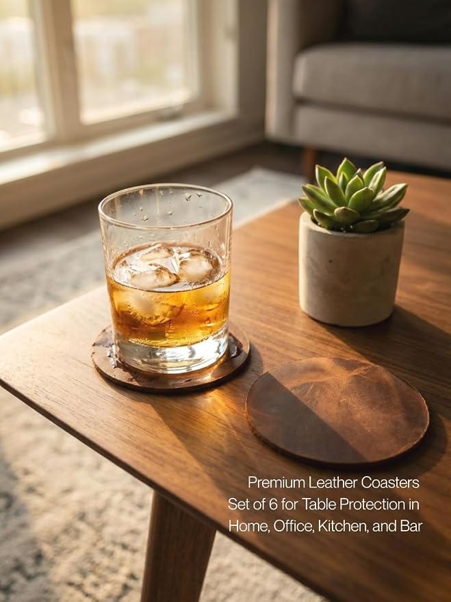 Real Natural Grain Leather Coasters – Durable Non-Slip Distressed Design - Image 3