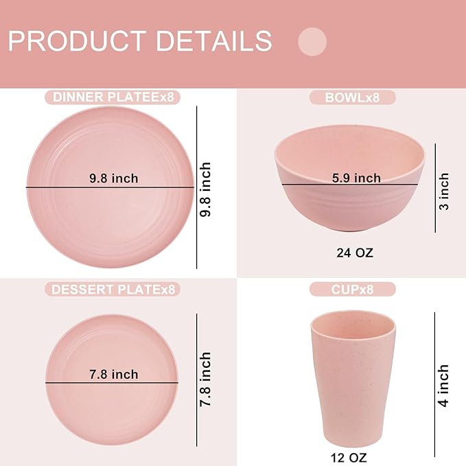 Supernal Pink Wheat Straw Dinnerware Sets,Unbreakable Dishes for 8, Plate and Bowls Sets, Reusable Plates, Dishwasher Safe Plates,Plastic Dinnerware Set, Pink Plastic Tableware