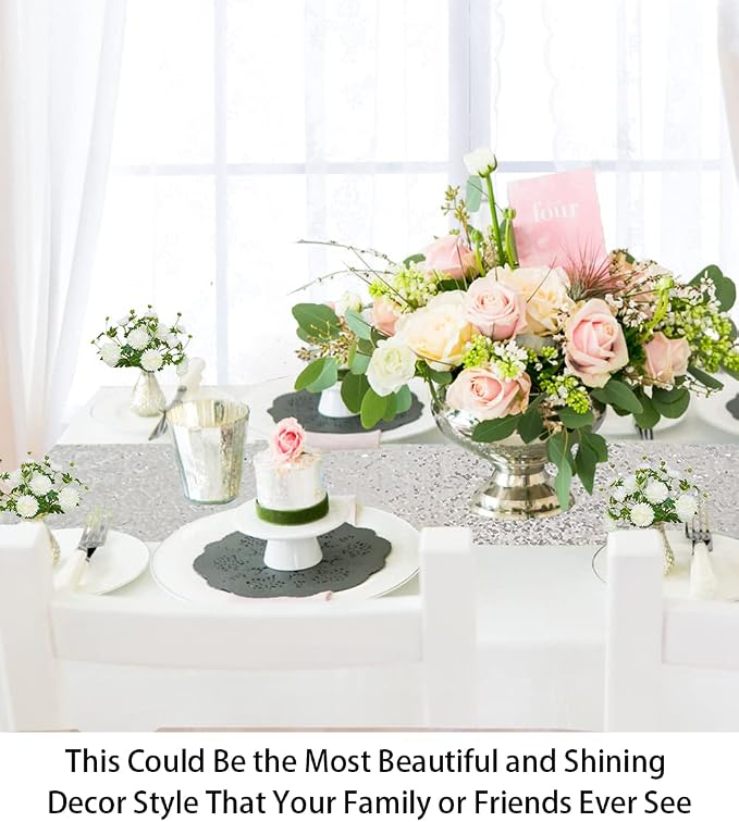 ShinyBeauty 12 by 108 in Wedding Silver Sequin Table Runner - Image 5