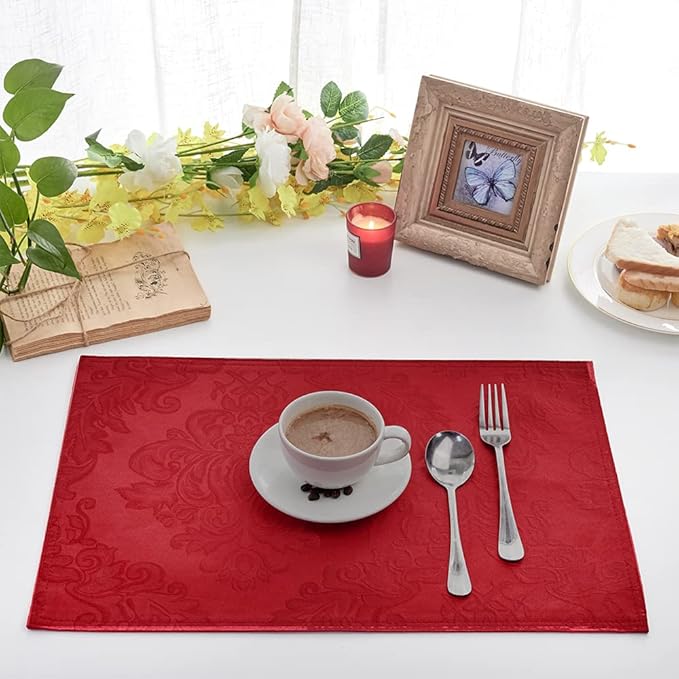 Place Mats Set of 8 – Rectangle Rectangular Waterproof Fabric Polyester Cloth Washable Wipeable Heat Resistant Placemats for Kitchen Dining Dinner Table Indoor 13 X 19 Inch Red