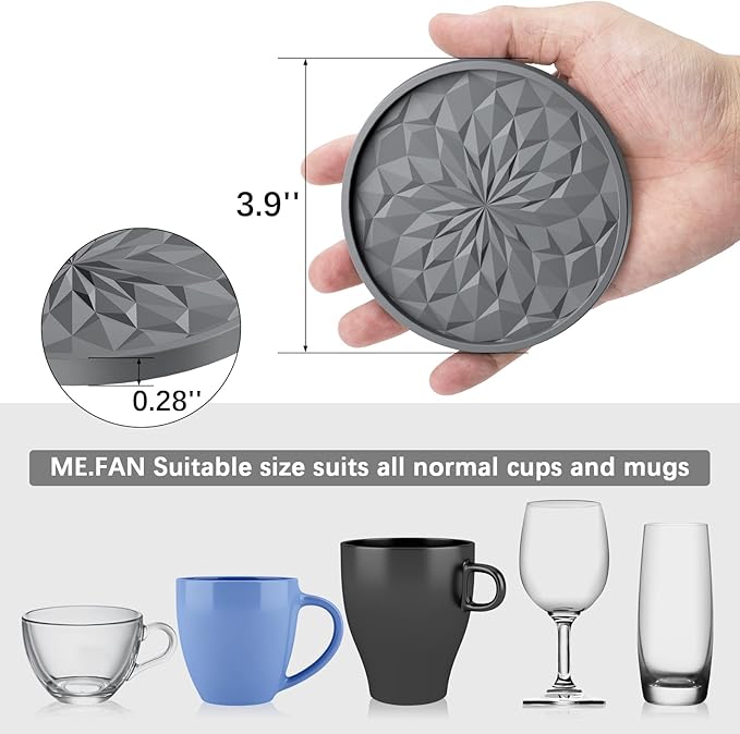 ME.FAN Silicone Coasters with Holder,[6 Pack] Drinking Coasters - Cup Mat for Hot or Cold Drinks, Thickened, Non-Slip, Non-stick,Deep Tray Ether