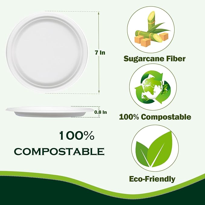 White Paper Plates 7 Inch (Round,150 Count) Heavy Duty Disposable Dinner Plates Bulk, Small Compostable Dessert Dishes for Party, BBQ and Gathering, Microwave-Safe/Sturdy/Leak Resistant