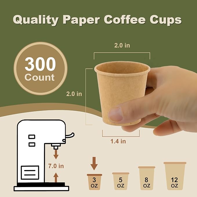 3 oz 300 Pack Disposable Coffee Cups, Bulk Brown Disposable Paper Cups, Coffee Cups for Hot Tea, Chocolate and Cold Drinks