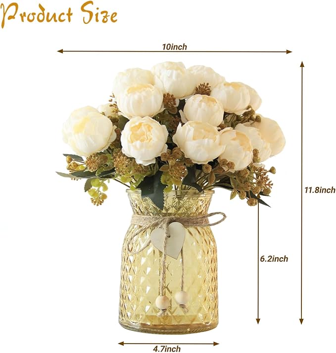 Faux Flowers in Vase,Fake Flowers in Vase 21 Pcs Faux Peony Flowers,Artificial Flowers for Home Decor, Indoor Centerpiece for Living Room & Dining Table (White)
