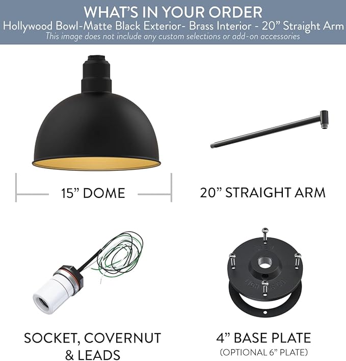 Steel Lighting Co. Hollywood Bowl Light | Outdoor Wall Mounted | 15 inch Bowl Dome | 20 inch Straight Arm | Barn Light Made in America | Matte Black Exterior/Brass Interior