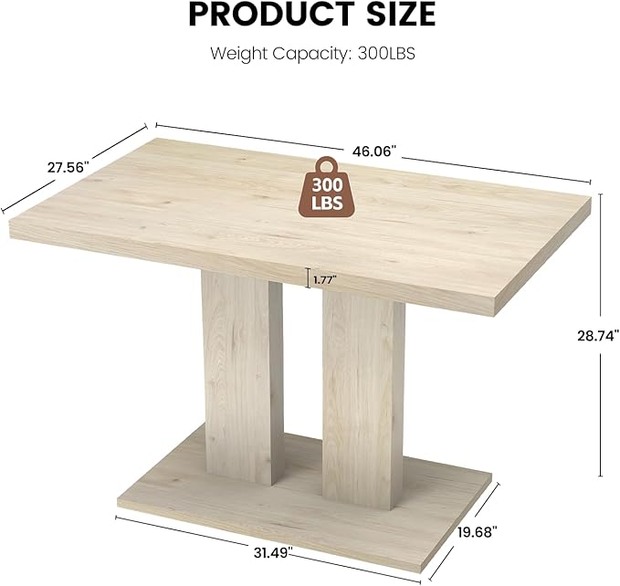 46" Dining Table for 4, Modern Rectangular Dining Room Table with Sturdy Pedestal Base, Thickened Tabletop, MDF Natural Wood Finish Kitchen Table for Breakfast Nook, Home & Apartment