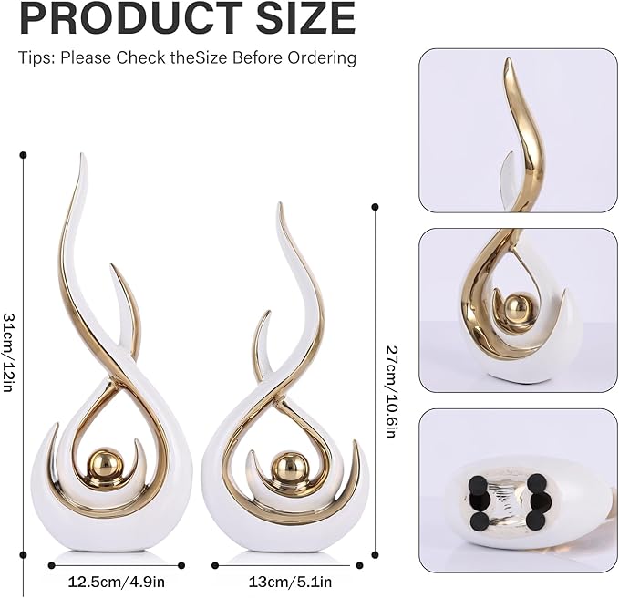 Ceramic Abstract 2 Piece Statue Set, White and Gold Home Decor Accents for Home Decor Statue Mantel Shelf Decor Unique Shelf Decor on Mantel, TV Cabinet Divider Table Top and Dining Table Centerpiece.
