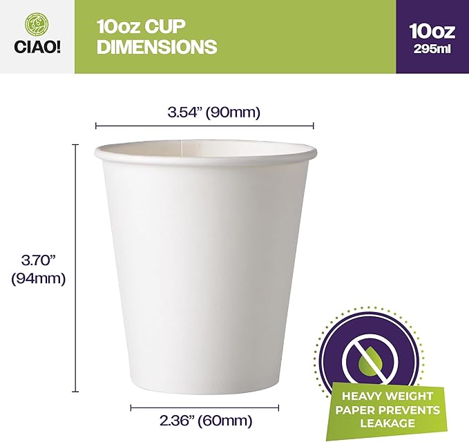 CIAO! 10oz White Paper Hot Cup, Disposable, 80mm Diameter 500 Count