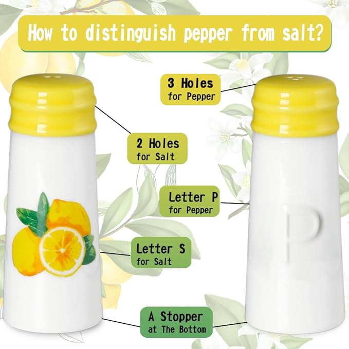 Salt and Pepper Shakers Set - HAPPY KIT 2-Count Ceramic Salt and Pepper Grinder Set with Silicone Lid and Funnel for Table, RV, Camp, BBQ Gift Box Ready (Lemon)