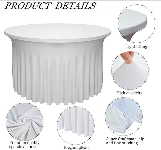 6 Pack 48" Diameter x 30" Height White Table Skirt | Fits 4FT Round Tables |Polyester Spandex Round Table Cloths with Skirt|Stain 、Wrinkle Resistant、 for Wedding,Party,Dining,Banquet