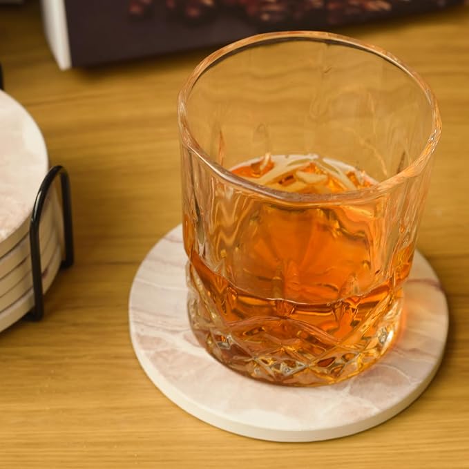 6Pcs Drink Coasters with Holder, Round Marble Style Ceramic Drink Coaster, Absorbent Coaster Set for Home Decor Tabletop Protection, Suitable for Kinds of Cups, Housewarming Gift, 4 Inches
