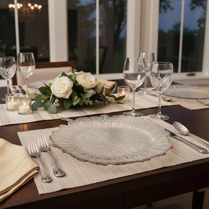 LOYALHEARTDY 25 Pack 13 Inch Charger Plates, Clear Plastic Reef Rim Charger Plates with Rose Gold Rim, Round Decorative Underplates for Wedding, Party, Dinner Table