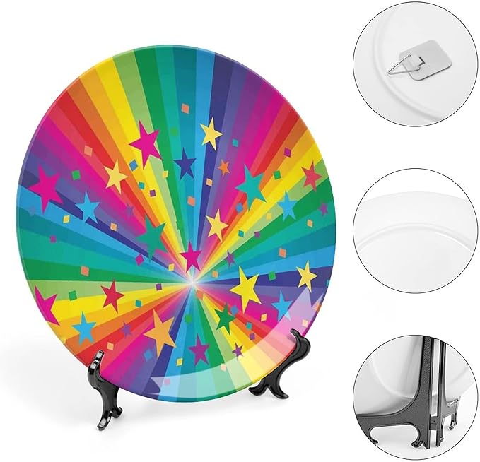Ceramic Plates, Abstract Decor Decorative Ceramic Plates, Abstract Rainbow and Stars Confetti Rays Striped, 6 Inch, for Dining, Parties, Wedding, Multy