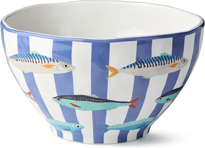 Something Fishy Ceramic DEEP SERVING BOWL 9 x 5 Inches, coastal striped serving by CERTIFIEDINTERNATIONAL