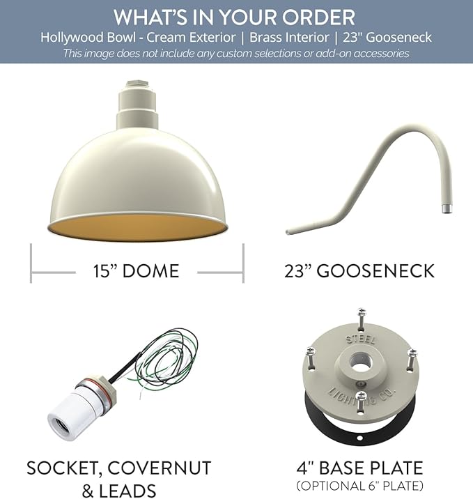 Steel Lighting Co. Hollywood Bowl Light | Outdoor Wall Mounted | 15 inch Bowl Dome | 23" Gooseneck | Barn Light Made in America | Cream Exterior/Brass Interior