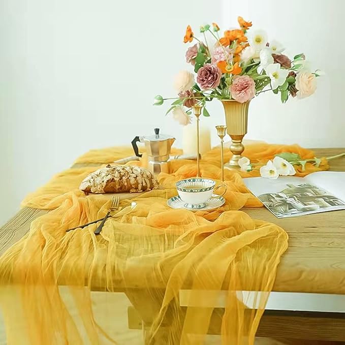 Joanlody Yellow Cheesecloth Table Runner Spring Easter 10Ft Rustic Gauze Boho Cheese Cloth Table Runner for Wedding Bridal Baby Shower Decoration