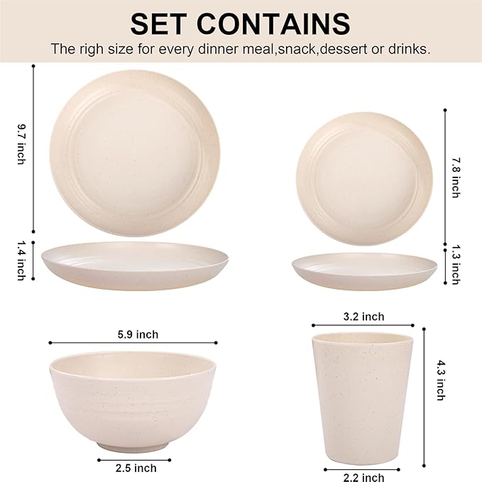 LIYH 24 Pcs Beige Plastic Wheat Straw Dinnerware Sets - Reusable Unbreakable Wheat Straw Bowls & Plates Dinner Set, Dishwasher Safe Plates Bowls Cups for Party Dish Set for 6 Kitchen & Camping