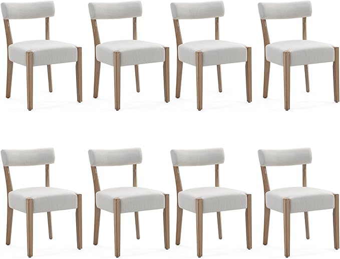 Dining Chairs,8 Pack Mid-Century Modern Wooden Kitchen Chairs with Linen Upholstery - Low-Back Woven Design for Kitchen & Dining Room,Beige Fabric